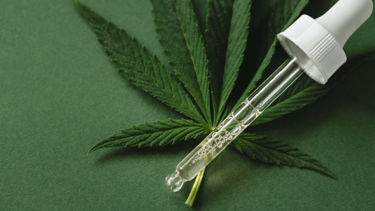 A dropper of cannabis oil with a cannabis leaf in the background