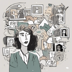 A woman in watercolor ponders the circle of people around her in photos. She wears a white blouse under a green blazer. The wall of photos surrounding her is black and white with some pale yellow and dark green.