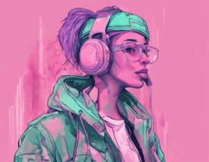 A woman in green jacket and head scarf listens to music with big headphones. She's in profile and wears glasses and a white tee shirt.