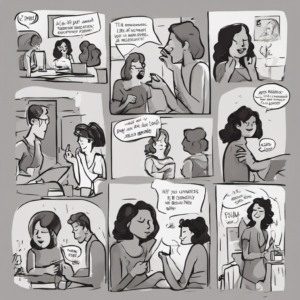 A comic strip in three rows of three cells each. Each cell has three people, two people, or one person. All cells are roughed out in grays. Some cells include speech bubbles with placeholder scribbles.